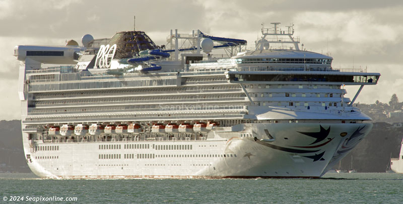 PACIFIC ADVENTURE (108865grt/IMO 9192351, ex-GOLDEN PRINCESS. Renamed CARNIVAL ADVENTURE in 2025), P&O Australia's 2001-built cruise ship, is seen here bound for the Bay of Islands, leaving Auckland for the final time in her current name.
P&O Australia is to close as of early next year when the parent company Carnival divests itself of Pacific Explorer (ex-Dawn Princess) and Pacific Adventure (ex-Golden Princess)and Pacific Encounter (ex-Star Princess) are to being rebranded. 24 November 2024. Photo by Â© 2024 SeapixOnline.com