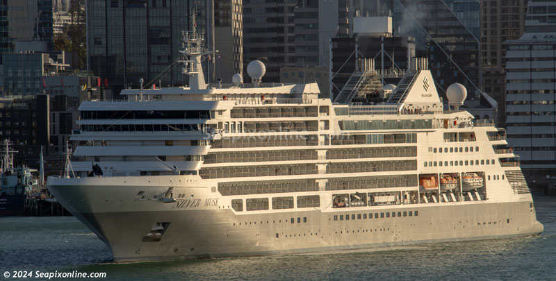 SILVER MUSE (2017/40791grt/4050dwt/IMO 9784350), one of Fort Lauderdale-based Silverseas Cruiseâ€™s fleet of 5-star-rated vessels, sails for Napier after a day-long stopover in Auckland. 6 December 2024. Photo by Â© 2024 SeapixOnline.com