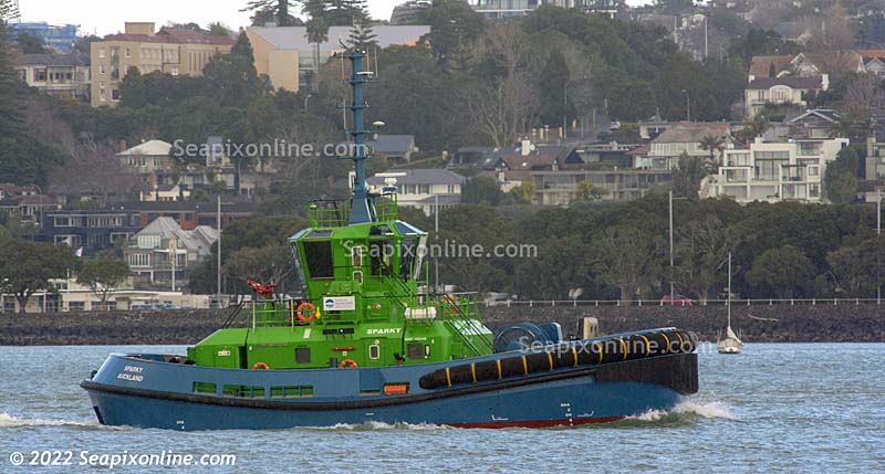 SPARKY (2022/353gt/67dwt/IMO 9909699) - Ports of Auckland's new e-tug SPARKY, the world's first full-sized electric tug returns to her berth during a period of acceptance trials and crew training. Not yet operational, she is expected to begin work around the end of July. Built by Damen in Vietnam she is powered by 80 battery racks holding 2240 batteries, totalling 2784kWh of power and is as powerful as the ports largest tug HAURAKI. She also has two 1000kW generators for use during any emergency. 16 July 2022. Photo by Â© 2022 SeapixOnline.com