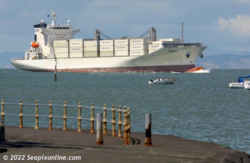 WHERO (2021/13014gt/12354dwt/249TEU/IMO 9890745) - approaches Auckland for her third visit since she made her maiden call in October last year. Built by Kitanihon Shipbuilding of Hachinohe, Japan, she is owned, operated and managed by Santoku Senpaku of Osaka, Japan. 14 February 2022. Photo by Â© 2022 SeapixOnline.com