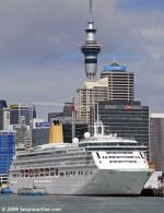 ID 5254 AURORA (2000/76152grt/IMO 9169524) alongside Queens Wharf, Auckland, New Zealand during her 2009 World Cruise. The enforced 5-day stopover was to allow for repairs to be made to a damaged prop...