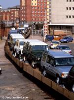 ID 7136 A vehicle train arrives in Southamptons' Eastern  Docks with a shipment of new Range Rovers and Land Rovers.