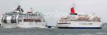 ID 5180 NIPPON MARU (1990/21903grt/IMO 8817631) right, and DAWN PRINCESS (1997/77441grt/IMO 9103996. Renamed PACIFIC EXPLORER in 2017) sailing from Auckland, NZ. This picture was created using Photoshop...