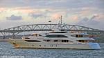 ID 6684 GALAXY - with a backdrop of the Auckland Harbour Bridge, the Isle of Man-flagged superyacht makes for her berth after clearing Customs inspection. She arrived earlier in the day from Australia. At 56m...