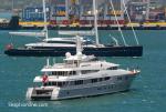 ID 11621 The 2016-launched Dutch-built mega ketch AQUIJO (2016/IMO 1012529/282.15’/86m) inbound to Auckland’s Silo Marina passes the 60m superyacht DREAM at anchor at the mid-harbour S2 anchorage.
DREAM...