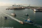 ID 9662 HAURAKI (2014/250grt/124dwt/IMO 9681015) - Ports of Auckland's latest tug fleet addition arriving in Auckland direct from her builders. Flanked by her new fleetmates WAKA KUME and WAIPAPA and followed...