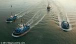 ID 9656 HAURAKI (2014/250grt/124dwt/IMO 9681015) - Ports of Auckland's latest tug fleet addition arriving in Auckland direct from her builders. Flanked by her new fleetmates WAKA KUME and WAIPAPA and followed...