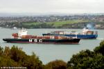 ID 9576 MSC PRAGUE (2003/41078grt/IMO 9253301, ex-BARCELONA BRIDGE, NORTHERN DELICACY) off Devonport, inbound to Auckland passes HANSA CENTURY (1997/31730grt/35000dwt/IMO 9124512, ex-KOTA PERDANA, ZIM PUSAN...