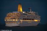 ID 7744 ORIANA (1995/69153grt/IMO 9050137. Renamed PIANO LAND in 2019) sailing from Auckland, New Zealand bound for Bora Bora with her newly fitted sponson clearly visible. The ship apparently now suffers...