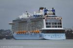 ID 10786 OVATION OF THE SEAS (2016/168666grt/IMO 9697753/348m loa) - the largest ship to ever visit New Zealand, slides into Auckland at the crack of another grey summer dawn. Too large to berth at any wharf...