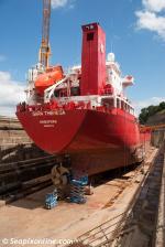ID 8657 SARA THERESA (2003/2490grt/IMO 9265770, ex-PACIFIC VENTURER) in drydock at the Babcock NZ shipyard, Devonport, Auckland. She was last drydocked here in 2008.