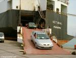 ID 8468 SETUBAL (1978/20248grt/IMO 7812452, ex-ZUIJIN. Scrapped 2009) discharging Renault cars at 202 berth, Southampton, England.