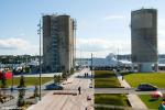 ID 7932 SILO PARK in the newly revamped Wynyard Quarter of Auckland's waterfront. The two silos seen here were part of the Portland Cement operations in St. Mary's Bay, the cement carriers berthing at what is...