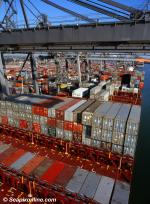 ID 7202 PORT OF SOUTHAMPTON, ENGLAND - A sea of containers aboard SOVEREIGN MAERSK (1997/92198/IMO 9120841. Renamed MSC DOMNA X) merge with the container stacks at Southampton, England.

