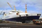 ID 9797 SANTA REGINA (1985/13358grt/IMO 8314562. Renamed NUSA PUTERA in 2016) operated across Cook Strait by Strait Shipping, New Zealand, is prepared for undocking at the VT Fitzroy drydock in Auckland.
