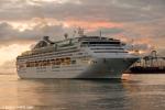 ID 7732 SUN PRINCESS (1999/77441grt/IMO 9000259. Renamed PACIFIC WORLD  ) arriving at dawn in Auckland, New Zealand, joining the small cruise ship ORION and Cunard's QUEEN ELIZABETH which were also alongside...