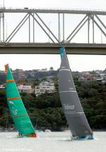 ID 7808 TEAM TELEFONICA, the Spanish entrant in the 2011-12 Volvo Ocean Race leads French entrant GROUPAMA while competing in the in-port practice racing in Auckland. 
