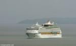 ID 8377 VOYAGER OF THE SEAS (1999/137276grt/IMO 9161716) with Tiritiri Matangi island reserve astern of her, the Royal Caribbean mega-cruiseship approaches Auckland, New Zealand to become the longest vessel...