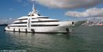 ID 10590 The Dutch-built megayacht VIBRANT CURIOSITY, launched in April 2009, manoeuvres toward the Babcock New Zealand drydock in Devonport, Auckland today. 
The 2850grt steel/aluminium motoryacht is 85.47m...