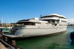 ID 7914 WETA (U-77) alongside at the superyacht facility in St. Marys Bay, Auckland, New Zealand where she is being finished off after being towed across the Pacific from her Chilean builders.